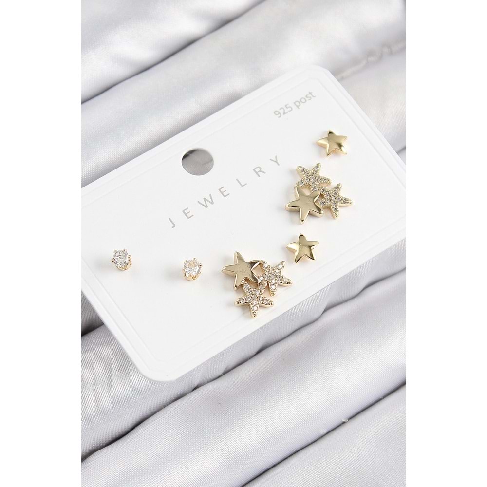 Pirinç Zirkon Taşlı Yıldız Model Gold Renk 925 Ayar Gümüş Çivi Kadın Küpe Set