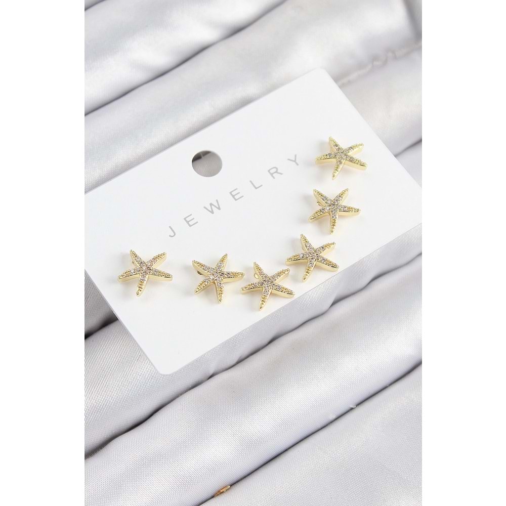 Pirinç Zirkon Taşlı Deniz Yıldızı Model Gold Renk 925 Ayar Gümüş Çivi Kadın Küpe Set