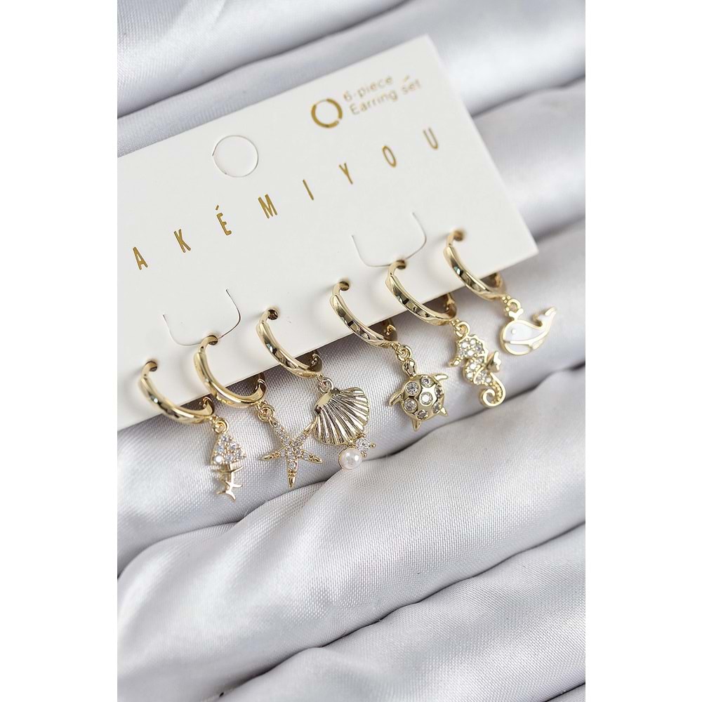 Pirinç Zirkon Taşlı İstiridye Balina Ve Yıldız Gold Renk 6'lı Küpe Set
