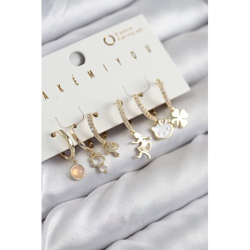 Pirinç Zirkon Taşlı Hello Kity Ve Yonca Model Gold Renk 6'lı Küpe Set