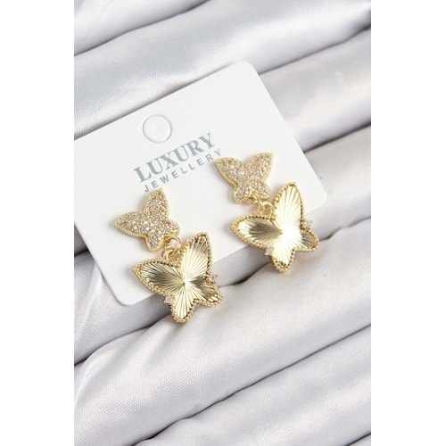 Pirinç Zirkon Taşlı Kelebek Model Gold Renk Kadın Küpe