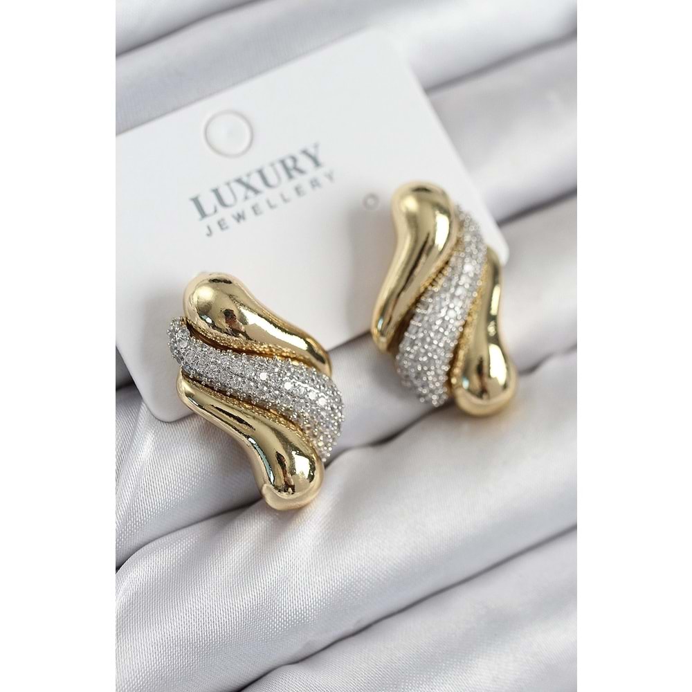 Pirinç Zirkon Taşlı Kıvrım Model Gold Renk Kadın Küpe