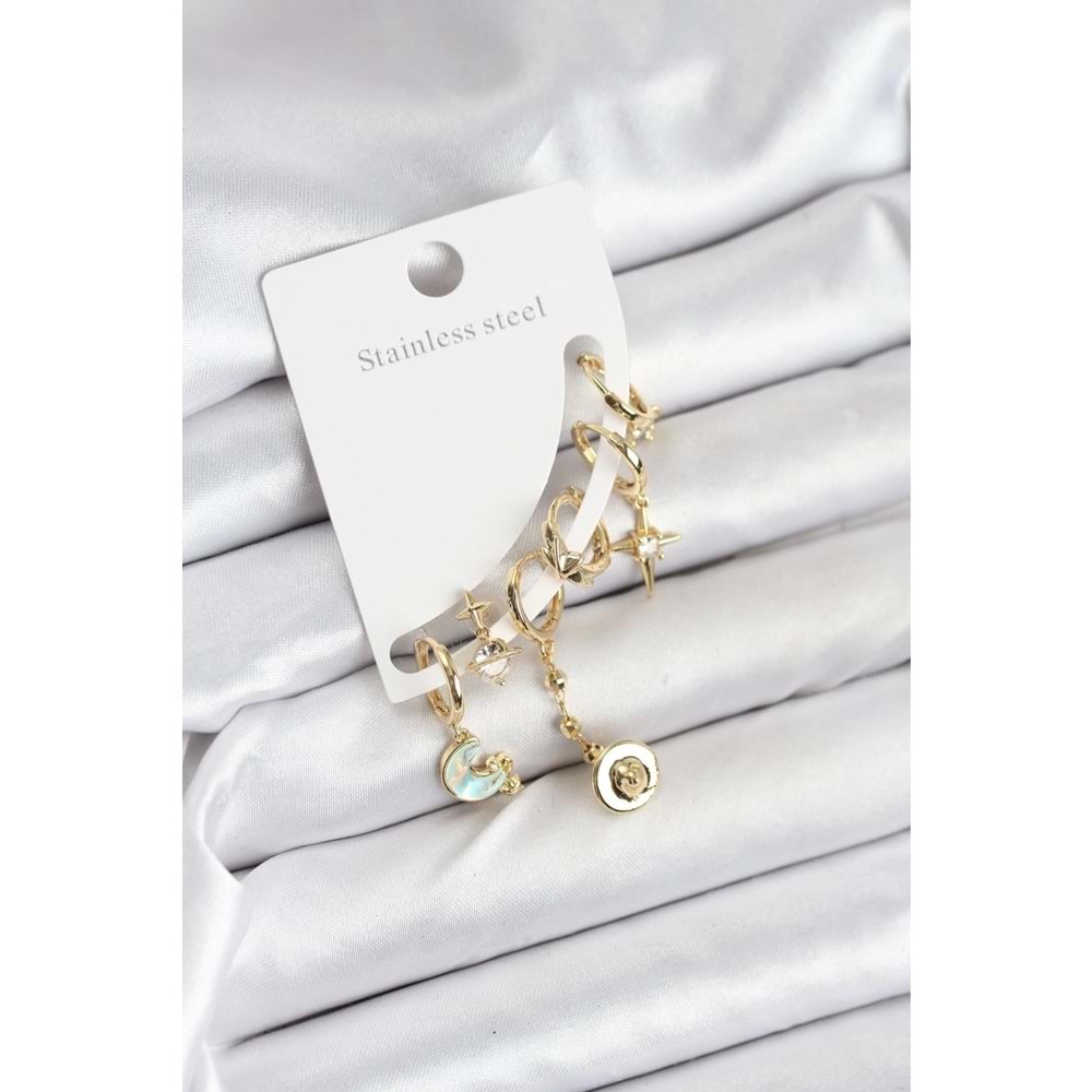 Pirinç Gold Renk Ay Model Kadın Set Küpe