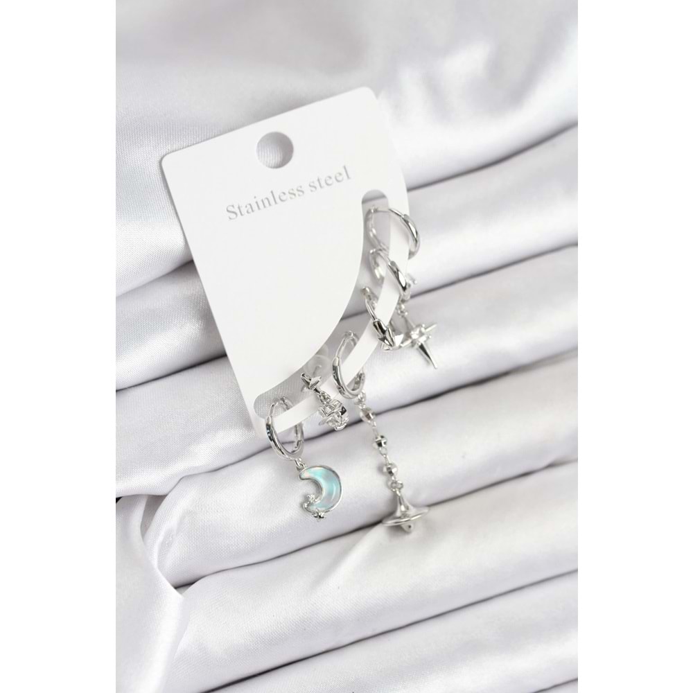 Pirinç Gümüş Renk Ay Model Kadın Set Küpe