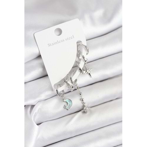 Pirinç Gümüş Renk Ay Model Kadın Set Küpe