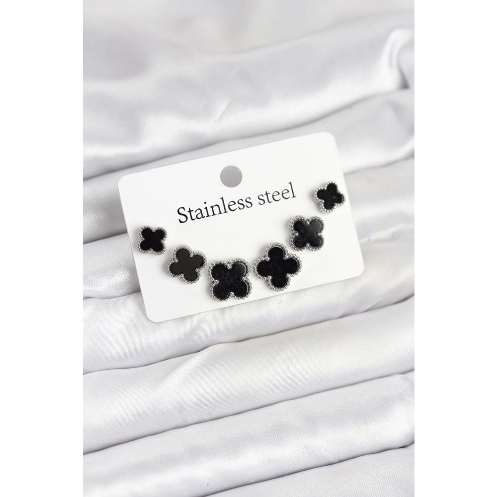 316L Çelik Gümüş Siyah Renk 3 Boy Yonca Küpe Seti