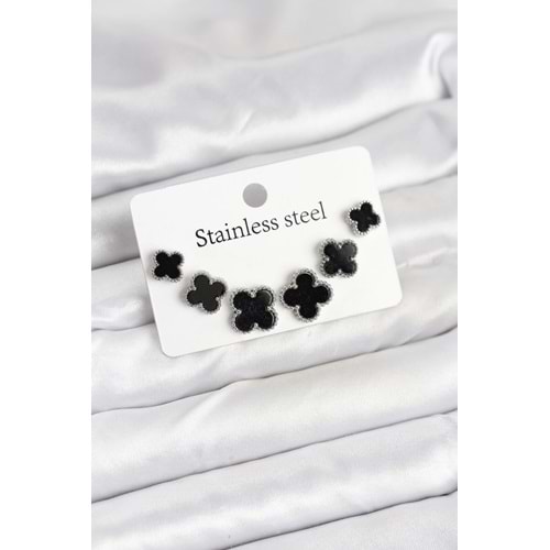 316L Çelik Gümüş Siyah Renk 3 Boy Yonca Küpe Seti