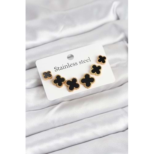 316L Çelik Gold Siyah Renk 3 Boy Yonca Küpe Seti