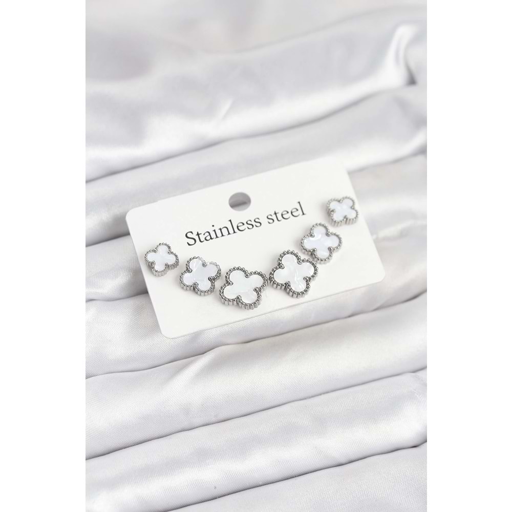 316L Çelik Gümüş Beyaz Renk 3 Boy Yonca Küpe Seti