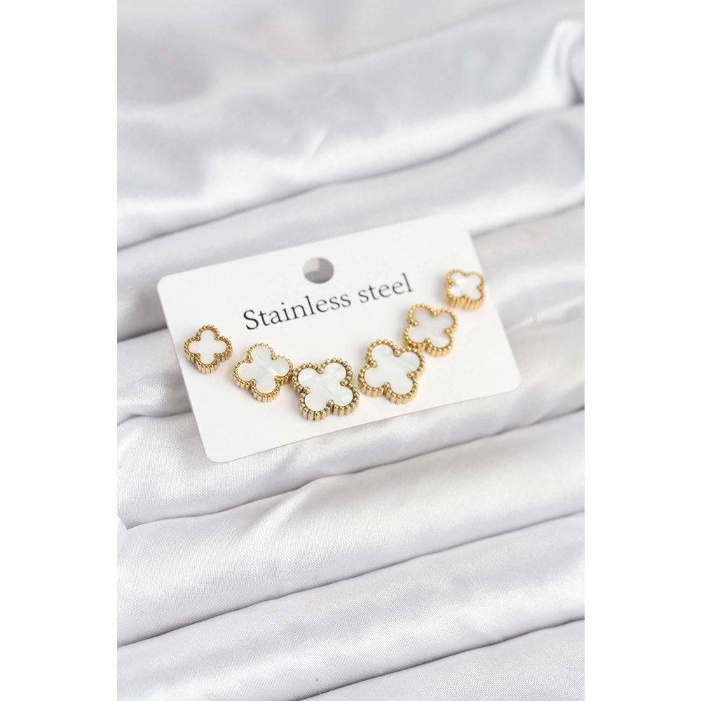 316L Çelik Gold Beyaz Renk 3 Boy Yonca Küpe Seti