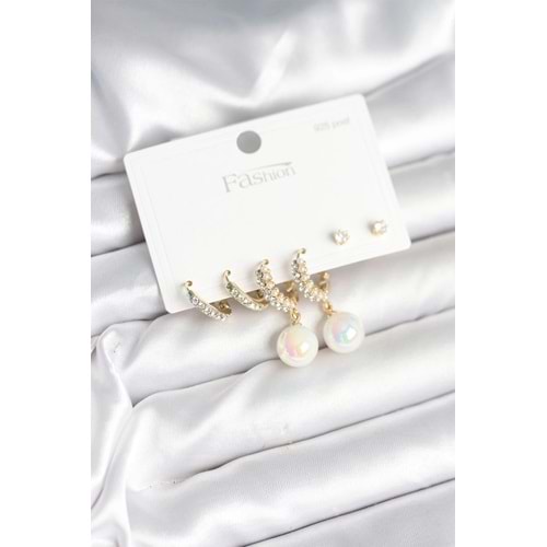 Pirinç Gold Renk İncili 925 Ayar Gümüş Çivi Kadın Küpe Seti