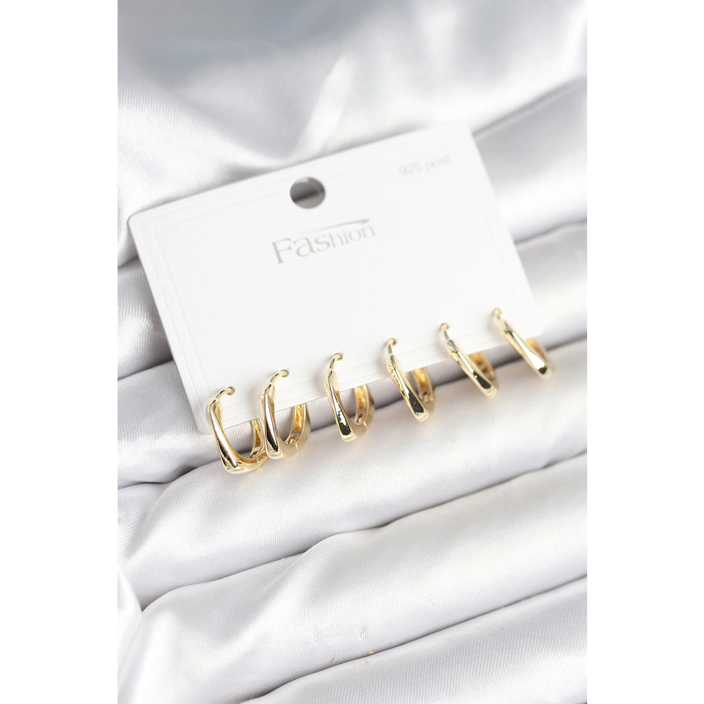 Gold Renk Pirinç Kare Halka Model 925 Ayar Gümüş Çivili Kadın Küpe Seti