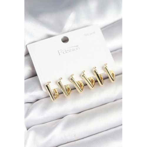 Gold Renk Kare Model Pirinç 925 Ayar Gümüş Çivili Kadın Küpe Seti