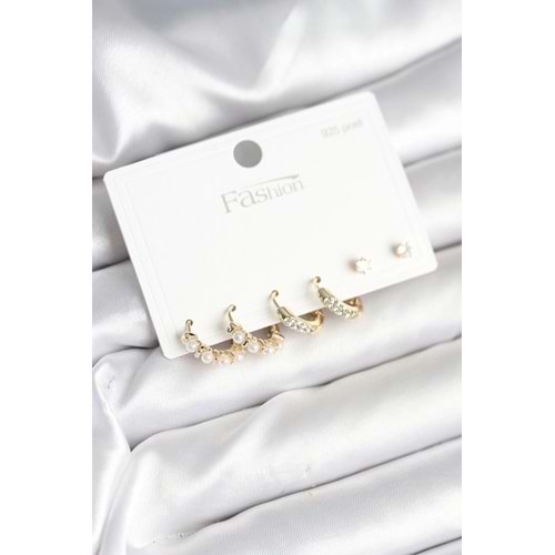 Pirinç Gold Renk Zirkon Taşlı ve İncili Model 925 Ayar Gümüş Çivi Kadın Küpe Seti