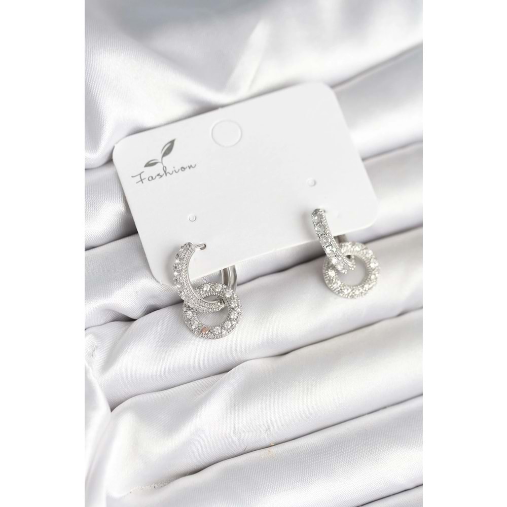 Gümüş Renk Pirinç Zirkon Taşlı Halka Model Kadın Küpe