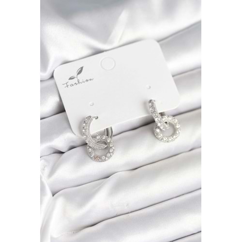 Gümüş Renk Pirinç Zirkon Taşlı Halka Model Kadın Küpe