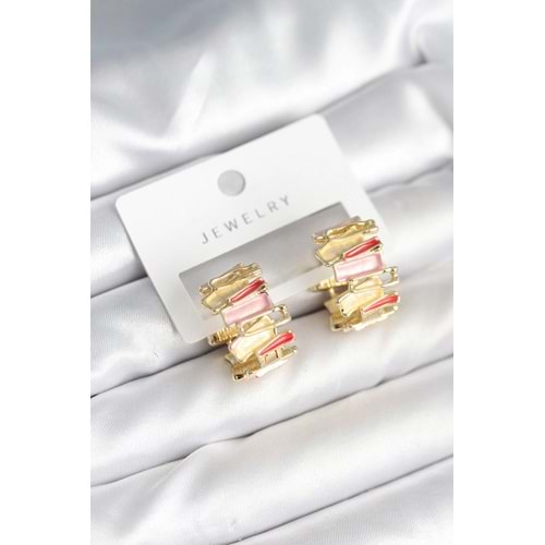 Mineli Karışık Renkli Gold Pirinç Kadın Küpe