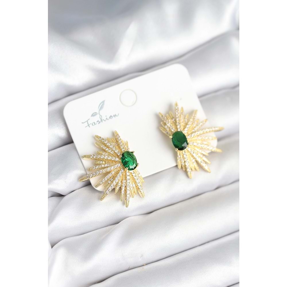 Yeşil Taş Detaylı Zirkon Taşlı Gold Renk Pirinç Kadın Küpe