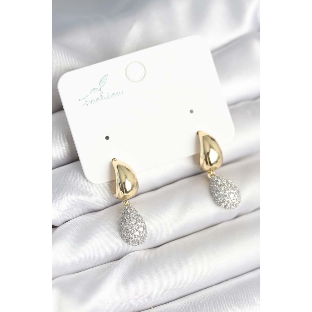 Gold Renk Zirkon Taşlı Damla Pirinç Kadın Küpe