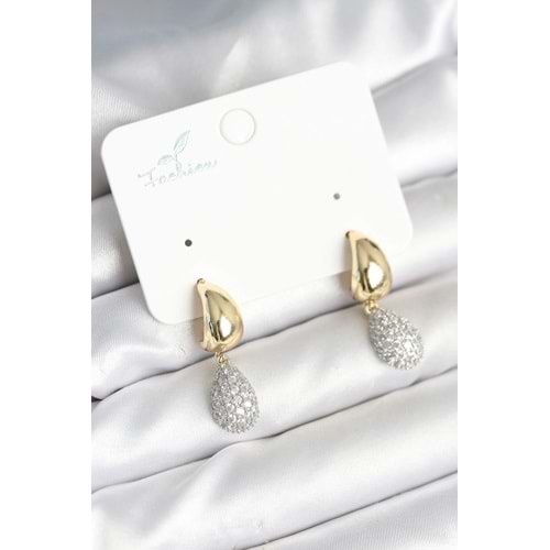 Gold Renk Zirkon Taşlı Damla Pirinç Kadın Küpe