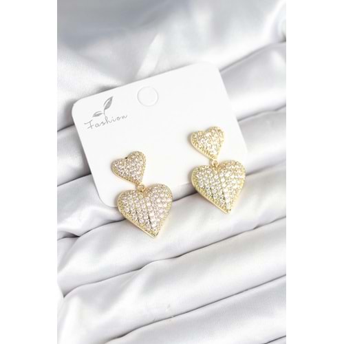 Kalp Model Zirkon Taşlı Gold Renk Pirinç Kadın Küpe