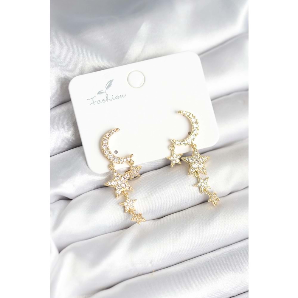 Ay ve Yıldız Model Gold Renk Pirinç Kadın Küpe