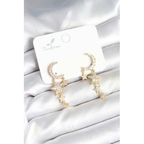 Ay ve Yıldız Model Gold Renk Pirinç Kadın Küpe