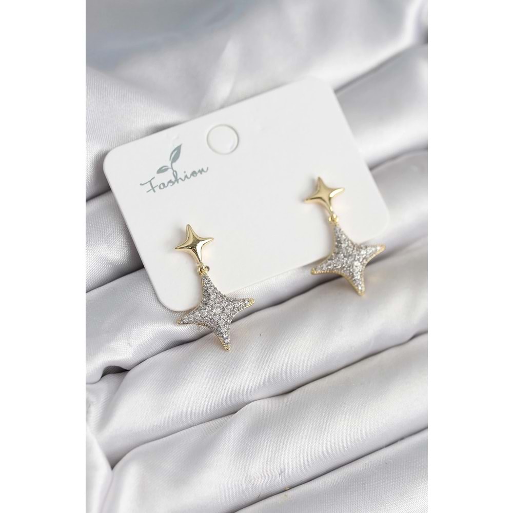 Kutup Yıldızı Pirinç Gold Renk Zirkon Taşlı Kadın Küpe