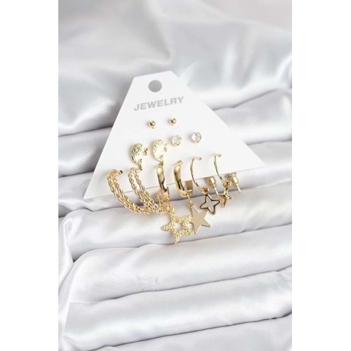 Gold Renk Yıldızlı Set 6 Çift Kadın Küpe Seti