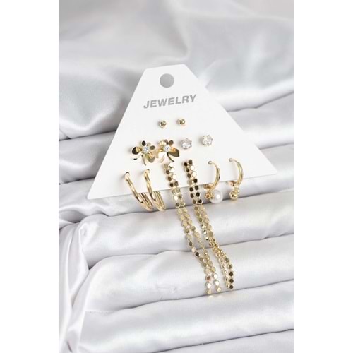 Gold Renk Pirinç 6'lı Kadın Küpe Seti