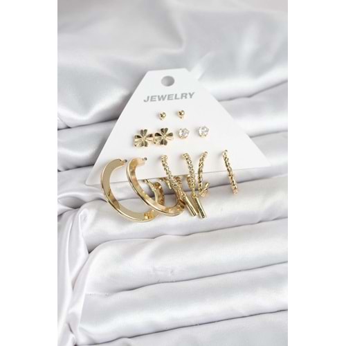 Pirinç Gold Renk 6 Çift Kadın Küpe Seti