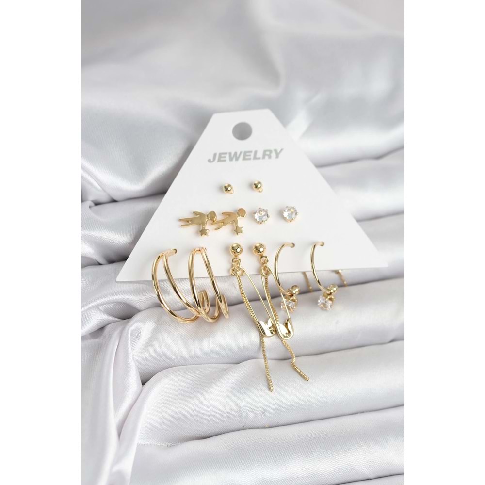 Pirinç Gold Renk 6 Çiftli Kadın Küpe Seti