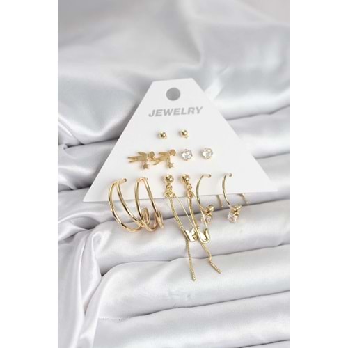 Pirinç Gold Renk 6 Çiftli Kadın Küpe Seti