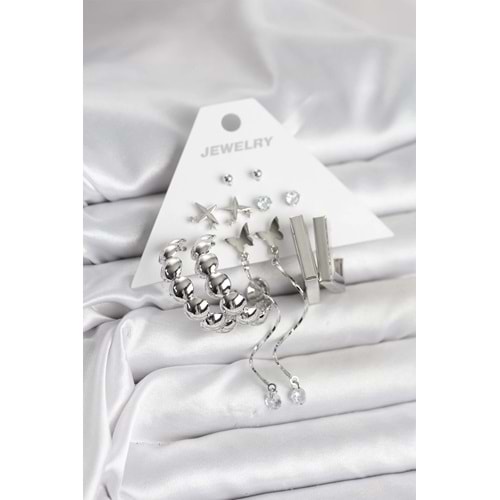 Gümüş Renk Pirinç 6'lı Kadın Küpe Seti