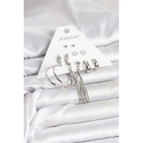 Gümüş Renk Pirinç 6 Çiftli Kadın Küpe Seti