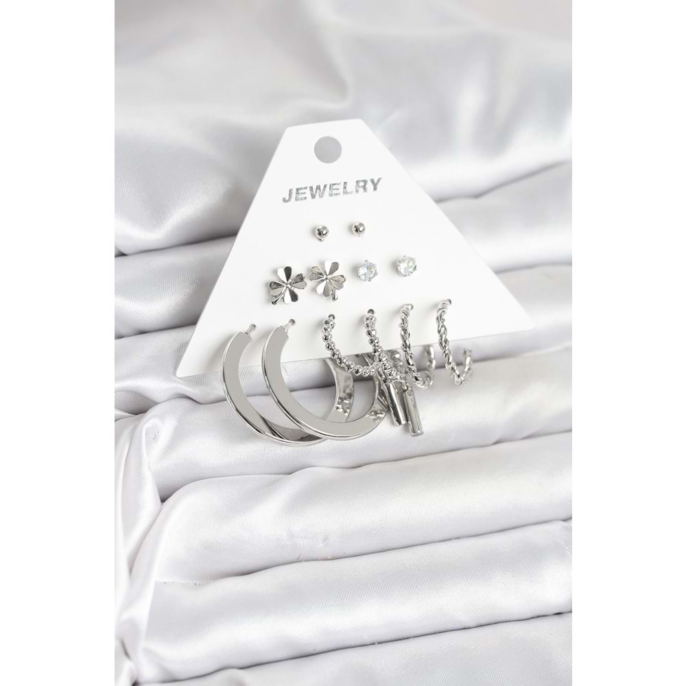 Pirinç Gümüş Renk 6 Çift Kadın Küpe Seti