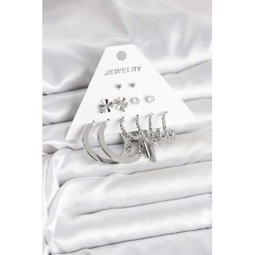 Pirinç Gümüş Renk 6 Çift Kadın Küpe Seti