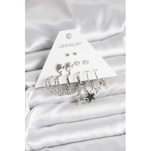 Pirinç Gümüş Renk 6'lı Kadın Küpe Seti