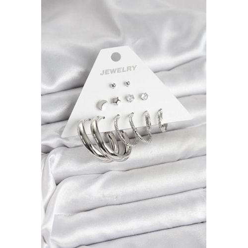 Pirinç Gümüş Renk Halka Modelli 6 Çift Kadın Küpe