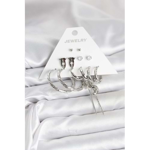 Gümüş Renk Pirinç 6'lı Kadın Küpe Seti