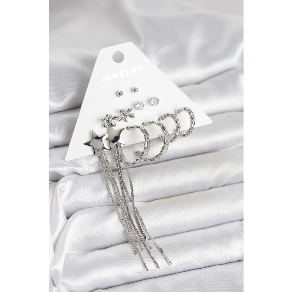 Gümüş Renk Pirinç 6 Çift Kadın Küpe Seti