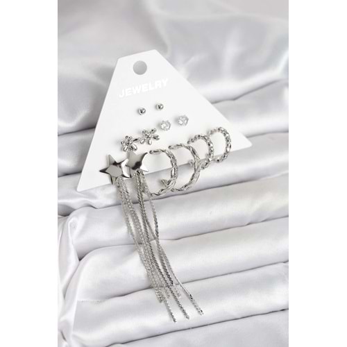 Gümüş Renk Pirinç 6 Çift Kadın Küpe Seti