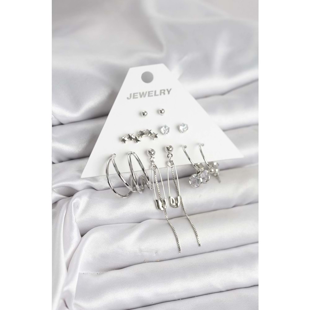 Gümüş Renk 6'lı Pirinç Küpe Seti