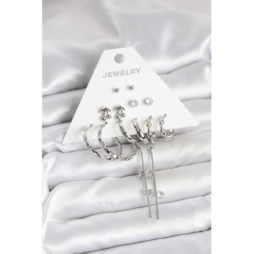 Gümüş Renk Pirinç 6'lı Kadın Küpe Seti