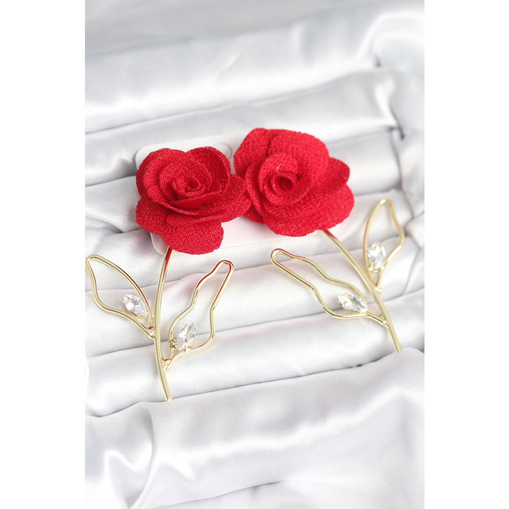 Pirinç Gold Renk Kırmızı Gül Model Kadın Küpe