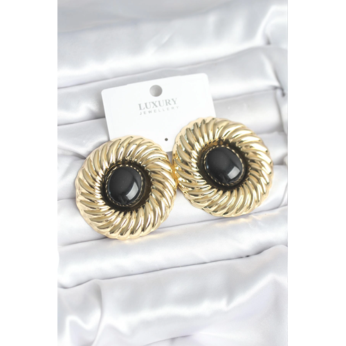Pirinç Gold Renk Siyah Boncuklu Vintage Kadın Küpe