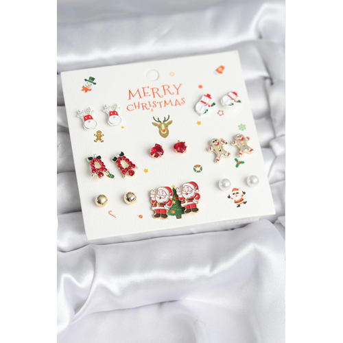 Yılbaşı Temalı Karışık Model 8 Çift Yılbaşı Temalı Kadın Küpe Seti