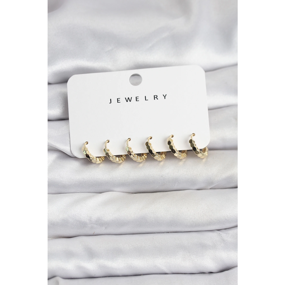 Gold Renk Pirinç Minimal Petek Detaylı Kadın Küpe Seti