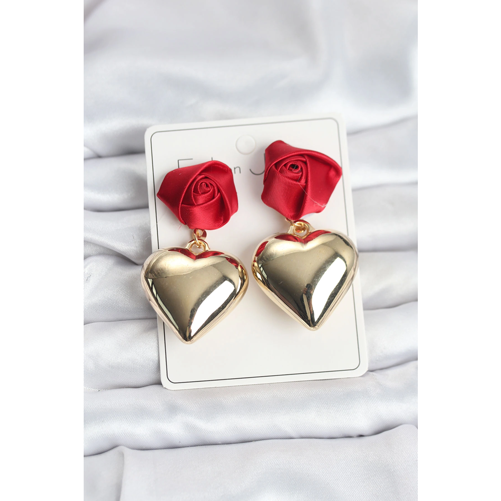 Pirinç Gold Kalpli Kırmızı Gül Model Kadın Küpe