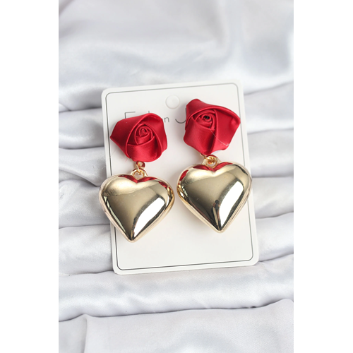 Pirinç Gold Kalpli Kırmızı Gül Model Kadın Küpe